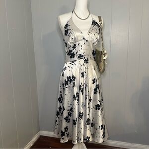 White & Black Floral Halter Midi Dress | Satin Look | Size S
